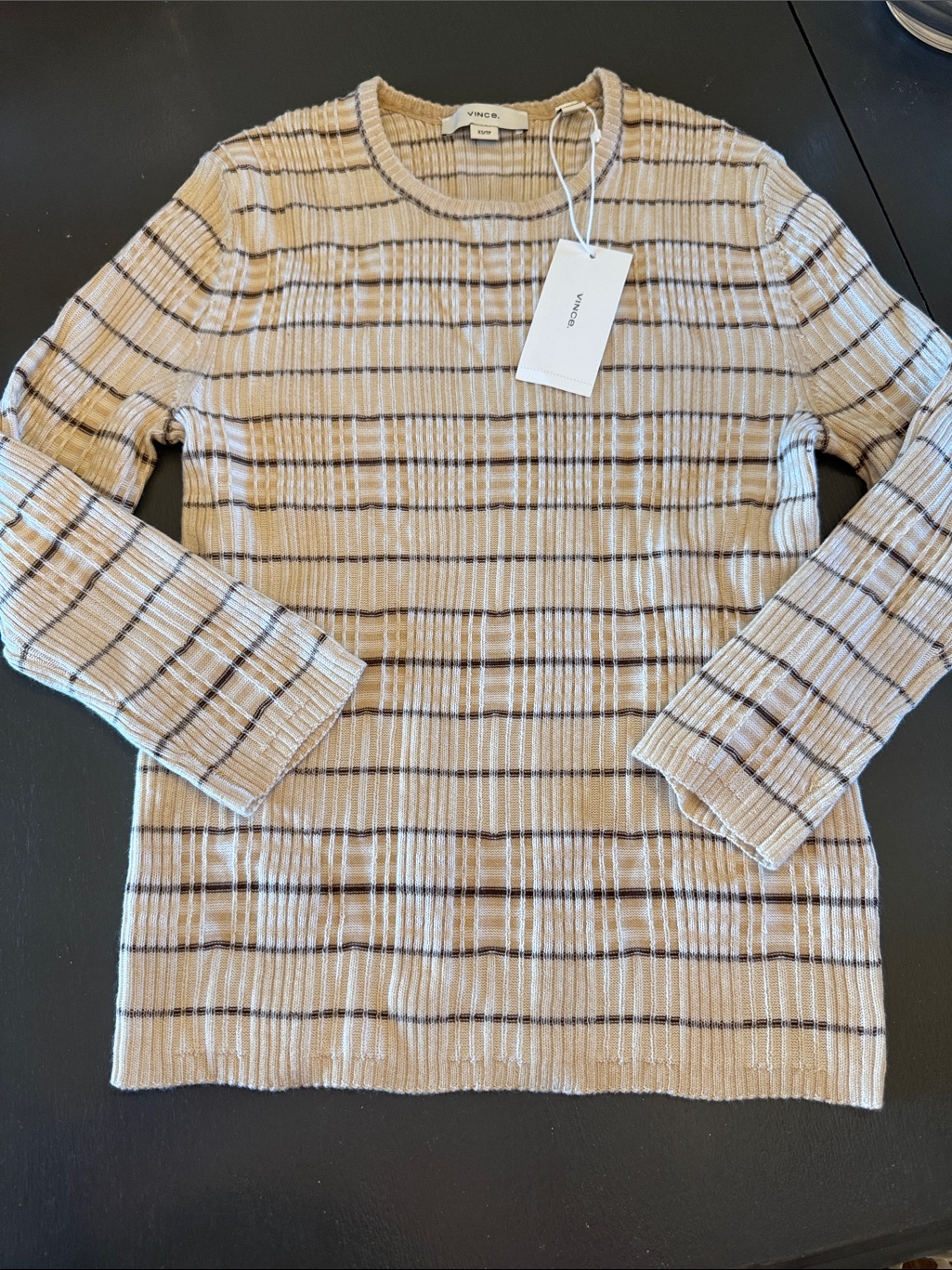 Vince Beige And Black Striped Ribbed Knit Top